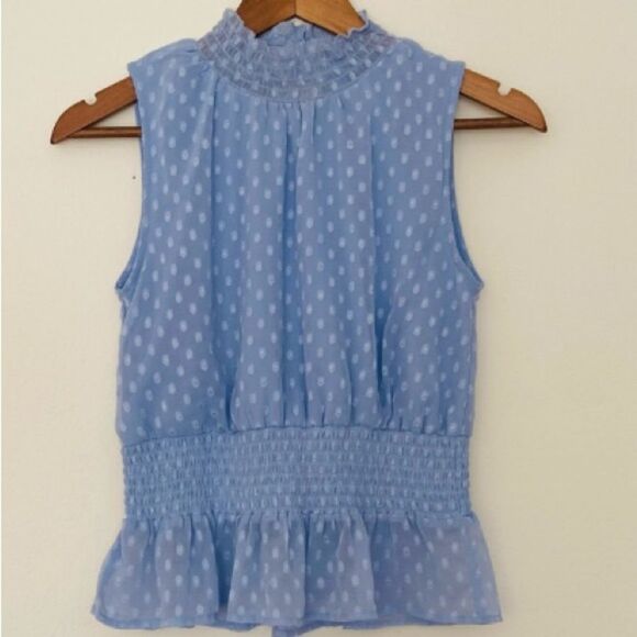 Japna sleeveless Smocked Mock Neck blouse Sheer Light Blue Medium - Picture 4 of 11